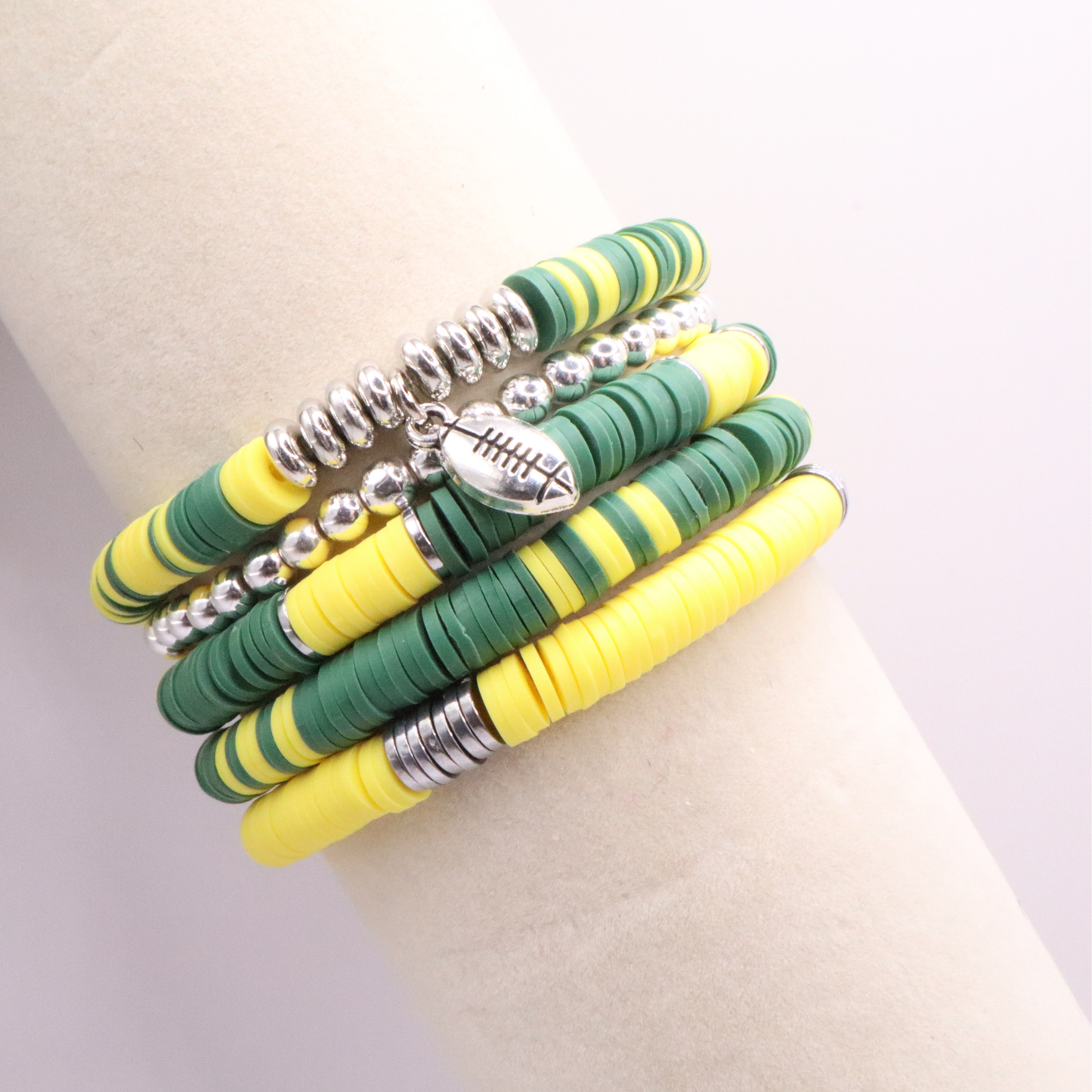 Green & Yellow Game Day Clay Bead Bracelet Stack