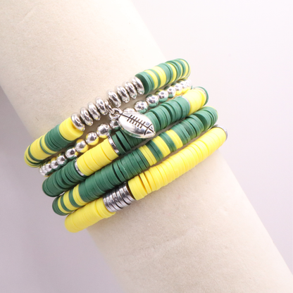 Green & Yellow Game Day Clay Bead Bracelet Stack