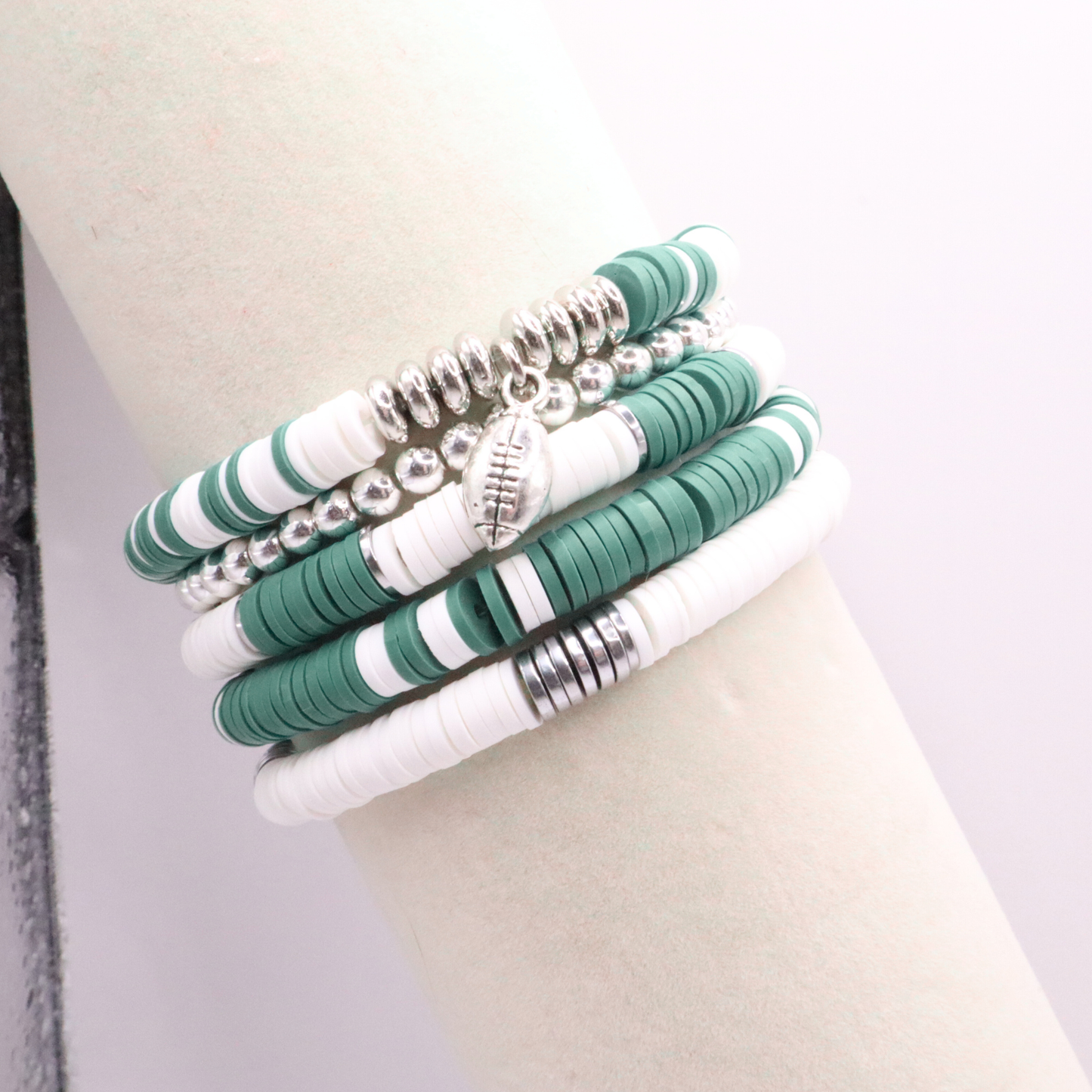 Green & White Game Day Clay Bead Bracelet Stack