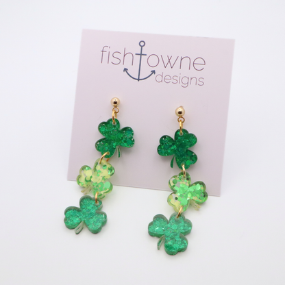 St. Patrick's Day Shamrock Acrylic Earrings | Green Glitter Dangles