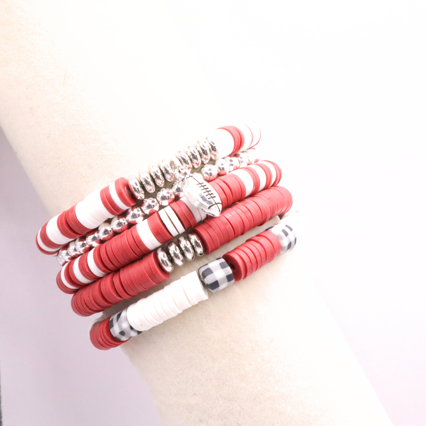 Crimson & Houndstooth Game Day Clay Bead Bracelet Stack