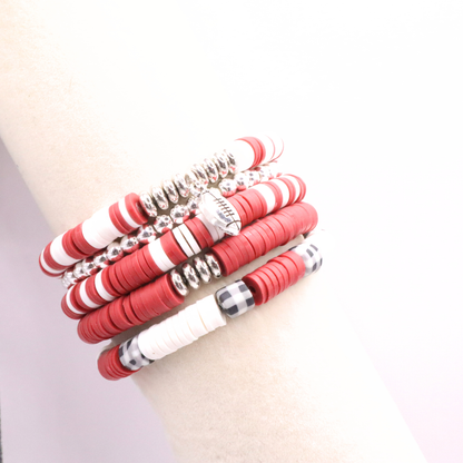 Crimson & Houndstooth Game Day Clay Bead Bracelet Stack