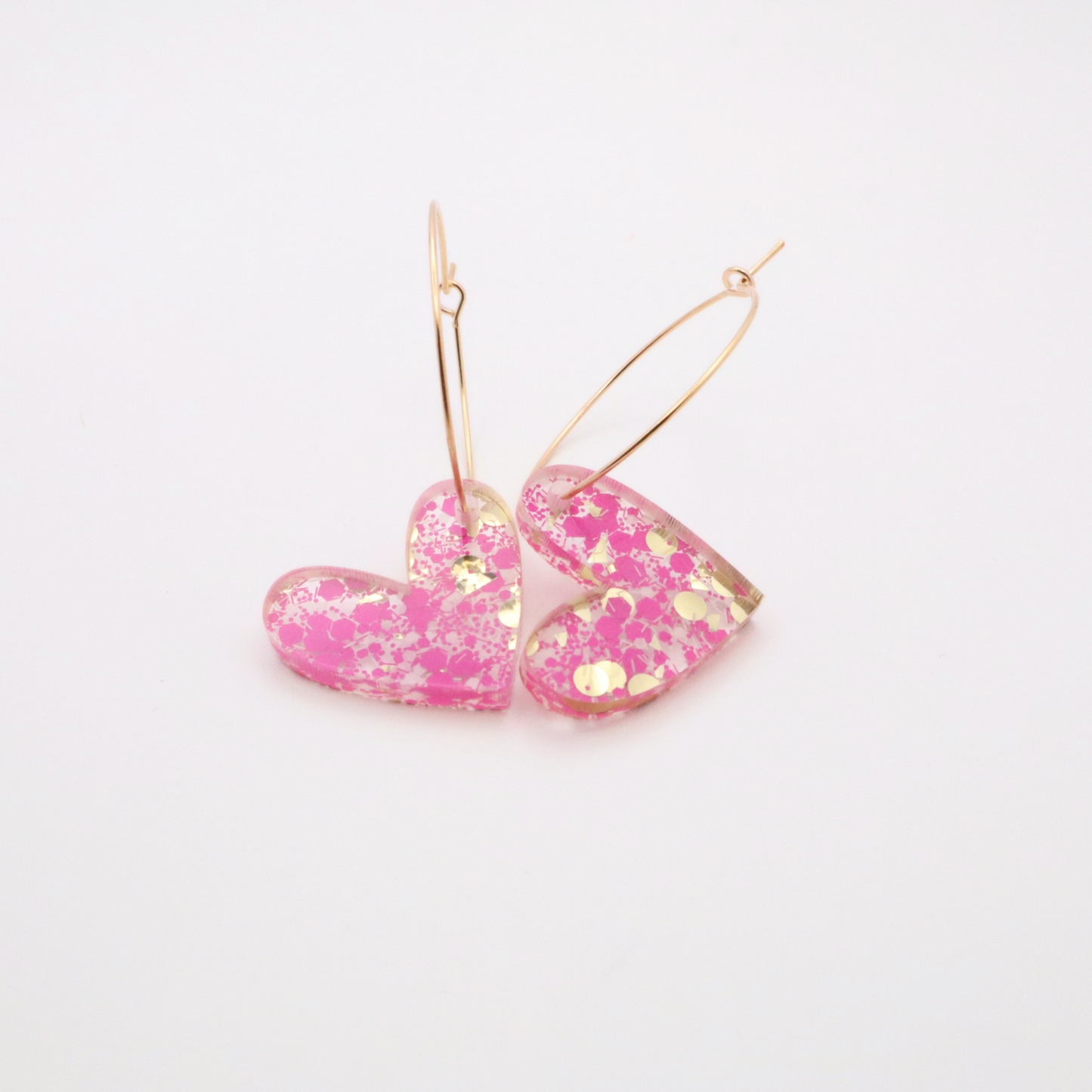 Pink Glitter Heart Hoop Earrings with Gold Accents – Perfect Valentine's Day Gift for Her