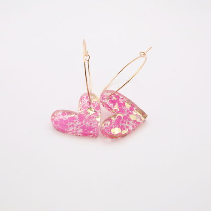 Pink Glitter Heart Hoop Earrings with Gold Accents – Perfect Valentine's Day Gift for Her