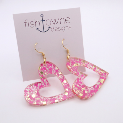 Pink Glitter Heart Acrylic Earrings – Romantic & Playful Statement Jewelry | Valentine's Day Earrings