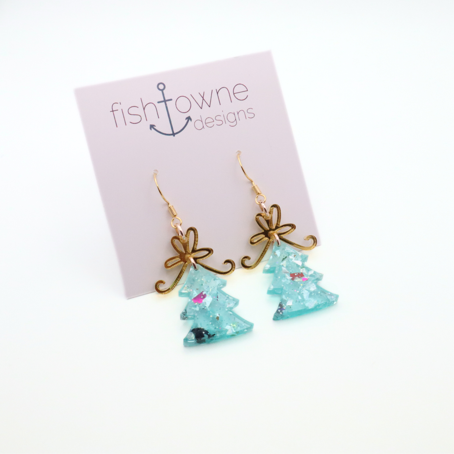 Christmas Tree Dangle Earrings with Glitter and Gold Bow – Handmade Acrylic Holiday Jewelry