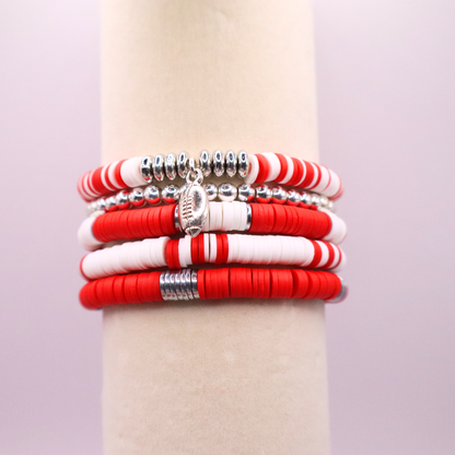 Red & White Game Day Clay Bead Bracelet Stack