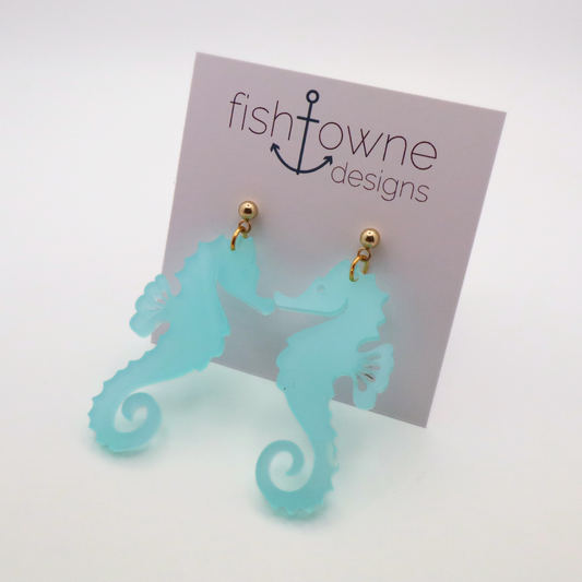 Aqua Acrylic Seahorse Earrings – Coastal Summer Jewelry