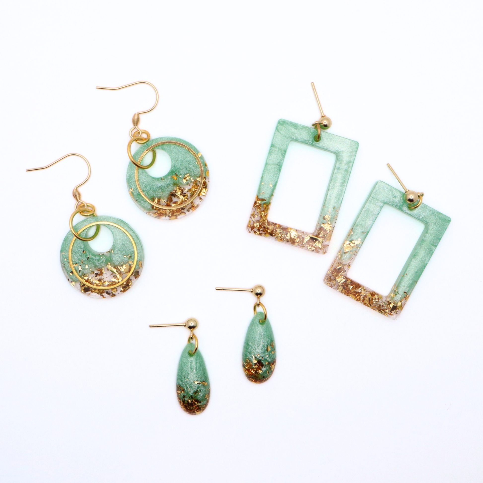 Mint Green and Gold Resin Earrings - Seafoam Sizzle - Fish Towne Designs, LLC