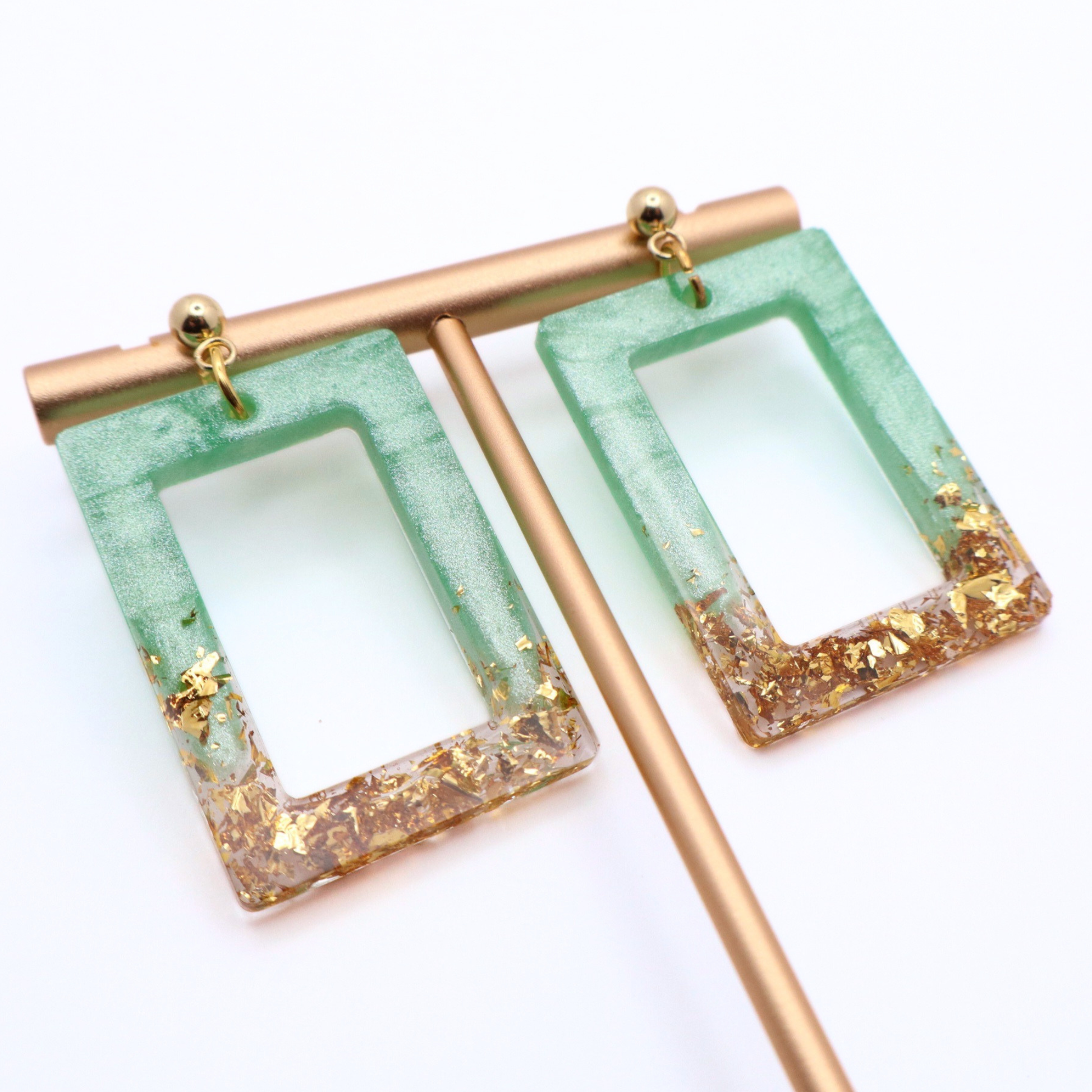 Mint Green and Gold Resin Earrings - Seafoam Sizzle - Fish Towne Designs, LLC