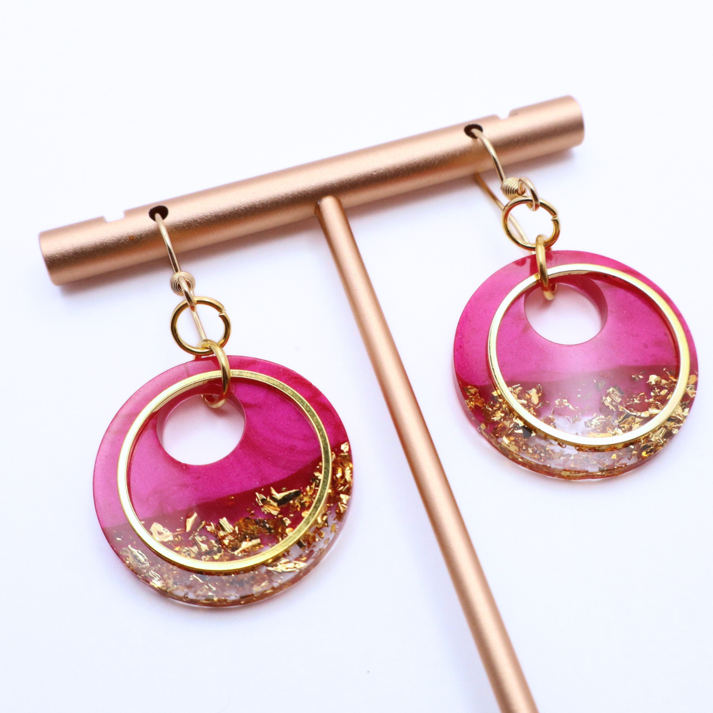 Hot Pink and Gold Resin Earrings - Dragonfruit Punch - Fish Towne Designs, LLC