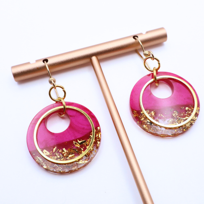 Hot Pink and Gold Resin Earrings - Dragonfruit Punch - Fish Towne Designs, LLC