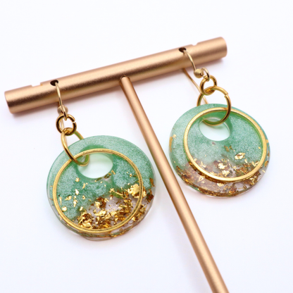 Mint Green and Gold Resin Earrings - Seafoam Sizzle - Fish Towne Designs, LLC