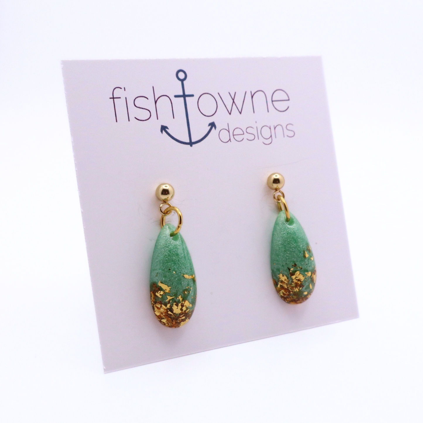 Mint Green and Gold Resin Earrings - Seafoam Sizzle - Fish Towne Designs, LLC