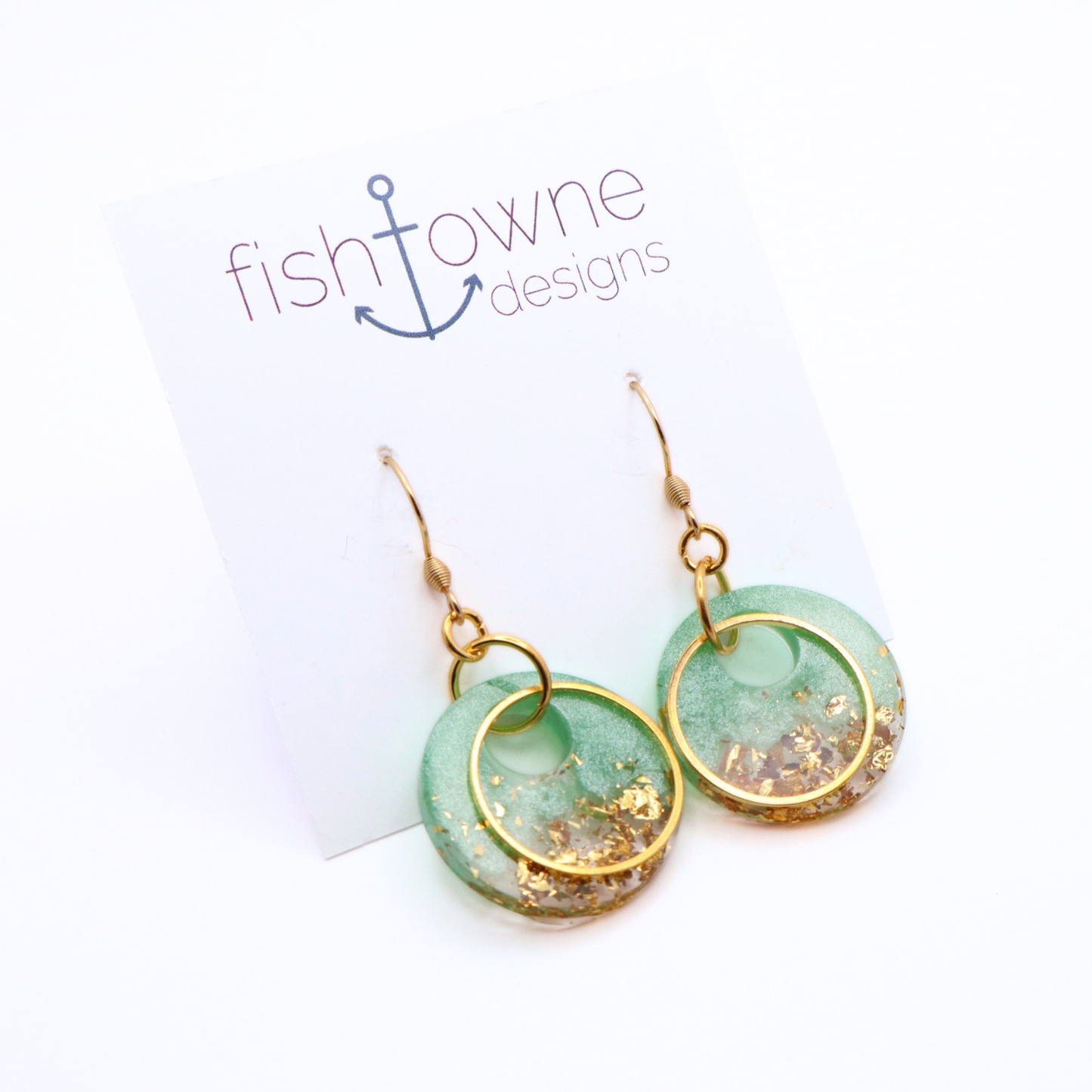 Mint Green and Gold Resin Earrings - Seafoam Sizzle - Fish Towne Designs, LLC