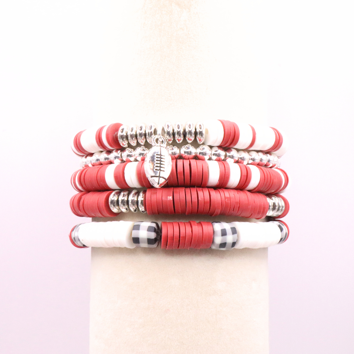 Crimson & Houndstooth Game Day Clay Bead Bracelet Stack