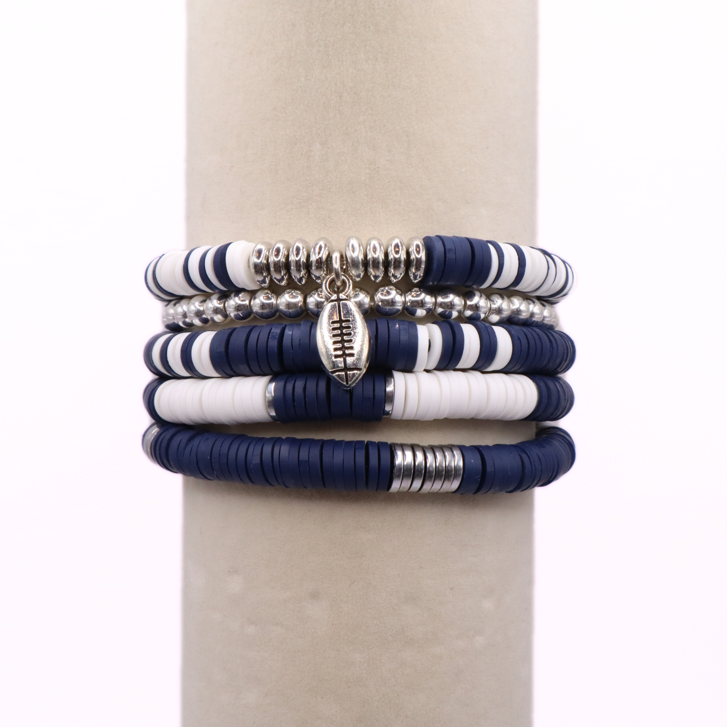 Navy Blue & White Game Day Clay Bead Bracelet Stack