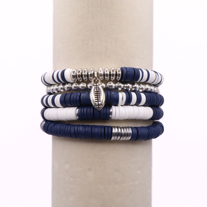 Navy Blue & White Game Day Clay Bead Bracelet Stack