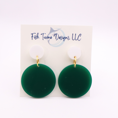 green and white earrings on a display card with branding Fish Towne Designs, LLC