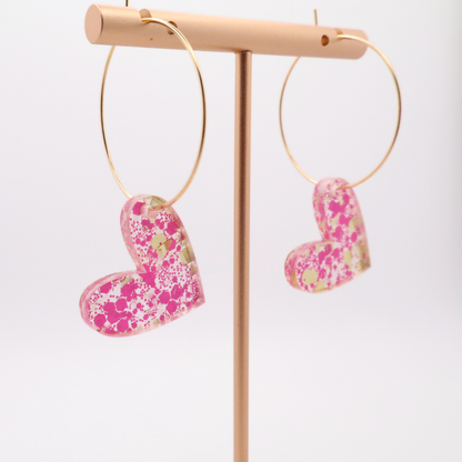 Pink Glitter Heart Hoop Earrings with Gold Accents – Perfect Valentine's Day Gift for Her