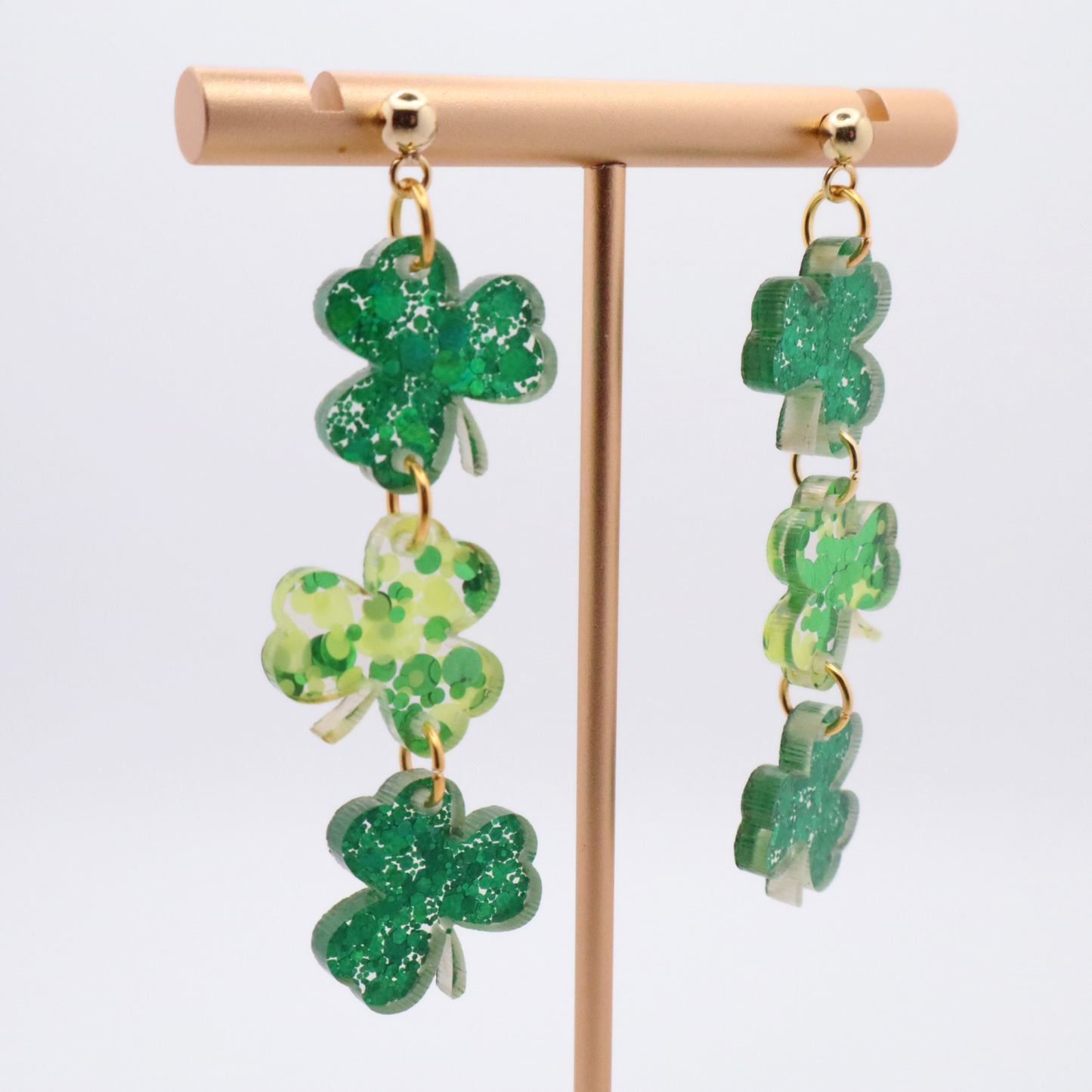 St. Patrick's Day Shamrock Acrylic Earrings | Green Glitter Dangles