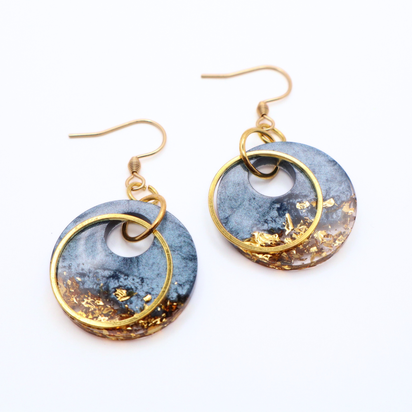 Denim Blue and Gold Resin Earrings - Moonlit Tide
