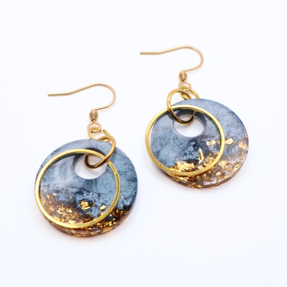 Denim Blue and Gold Resin Earrings - Moonlit Tide