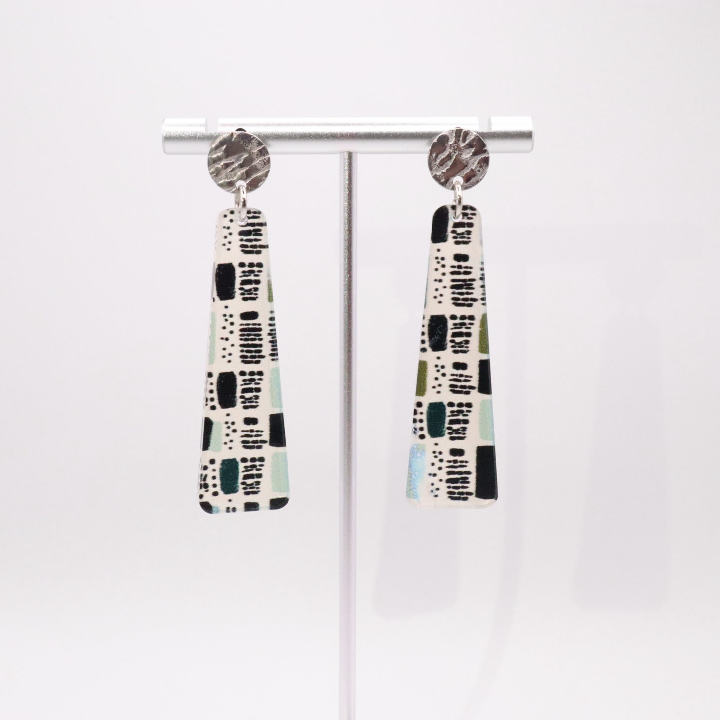 Abstract Acrylic Dangle Earrings – Black, Sage & Blue Statement Drops
