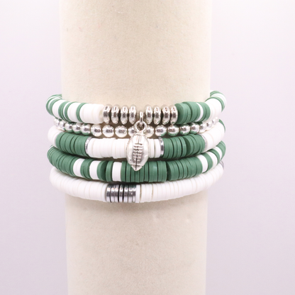 Green & White Game Day Clay Bead Bracelet Stack