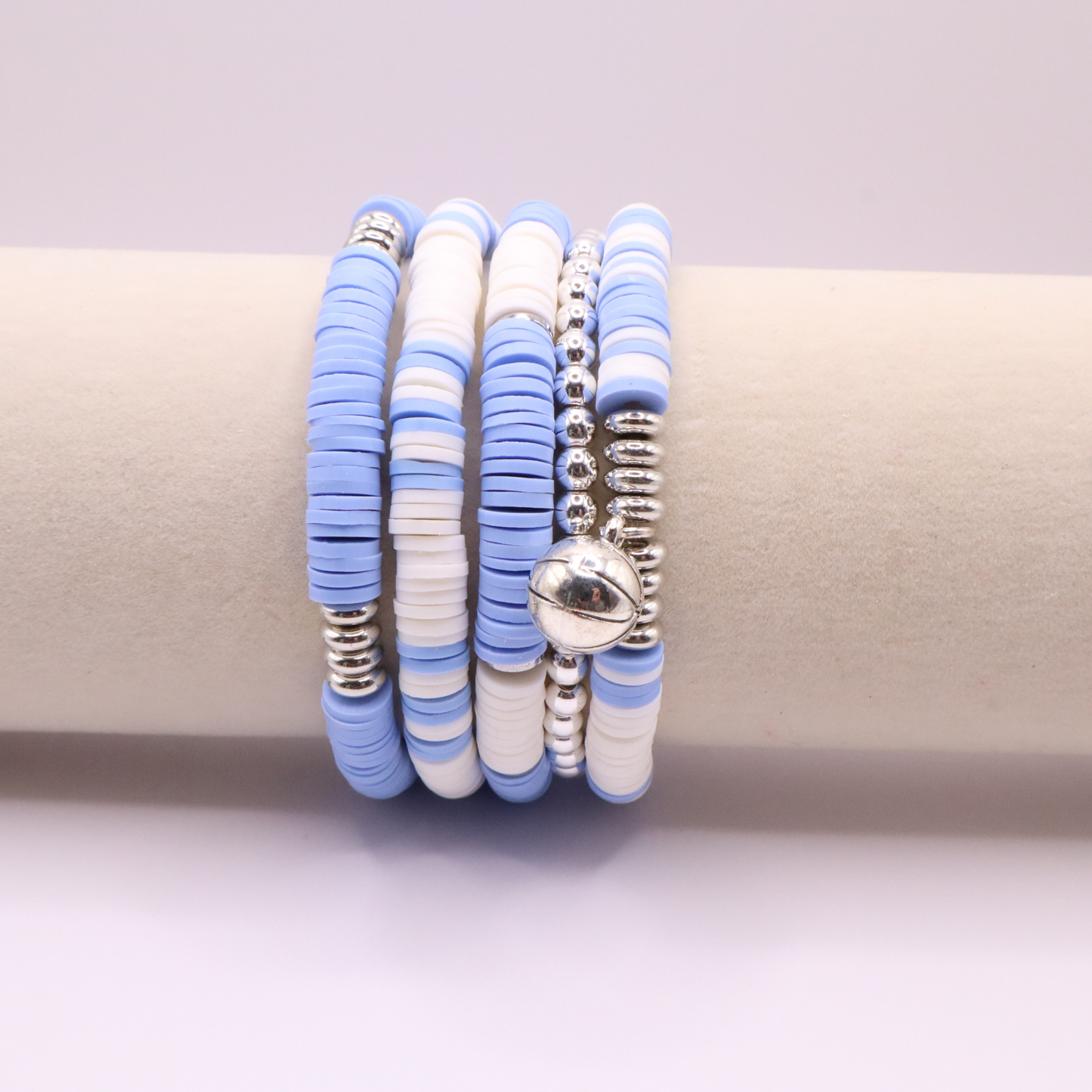 Light Blue & White Game Day Clay Bead Bracelet Stack