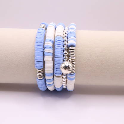 Light Blue & White Game Day Clay Bead Bracelet Stack