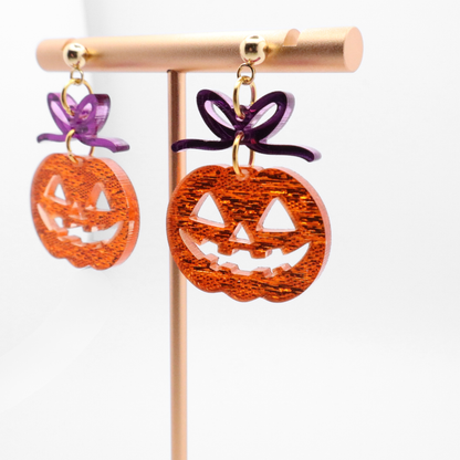 Pumpkin Earrings with Purple Mirrored Bow – Halloween Acrylic Dangle