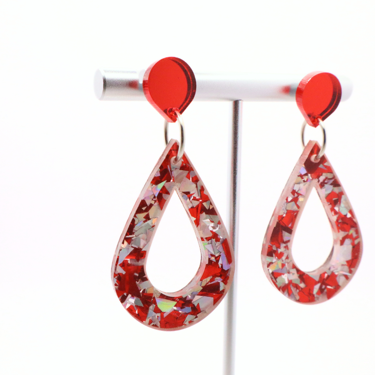 Festive Red & Silver Teardrop Holiday Earrings | Mirrored Acrylic Christmas Jewelry | Glitter Statement Earrings