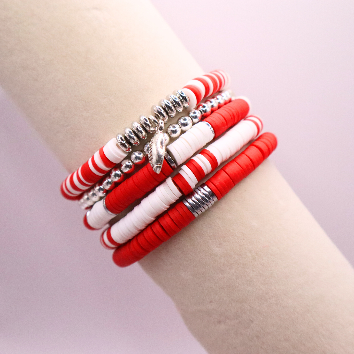 Red & White Game Day Clay Bead Bracelet Stack