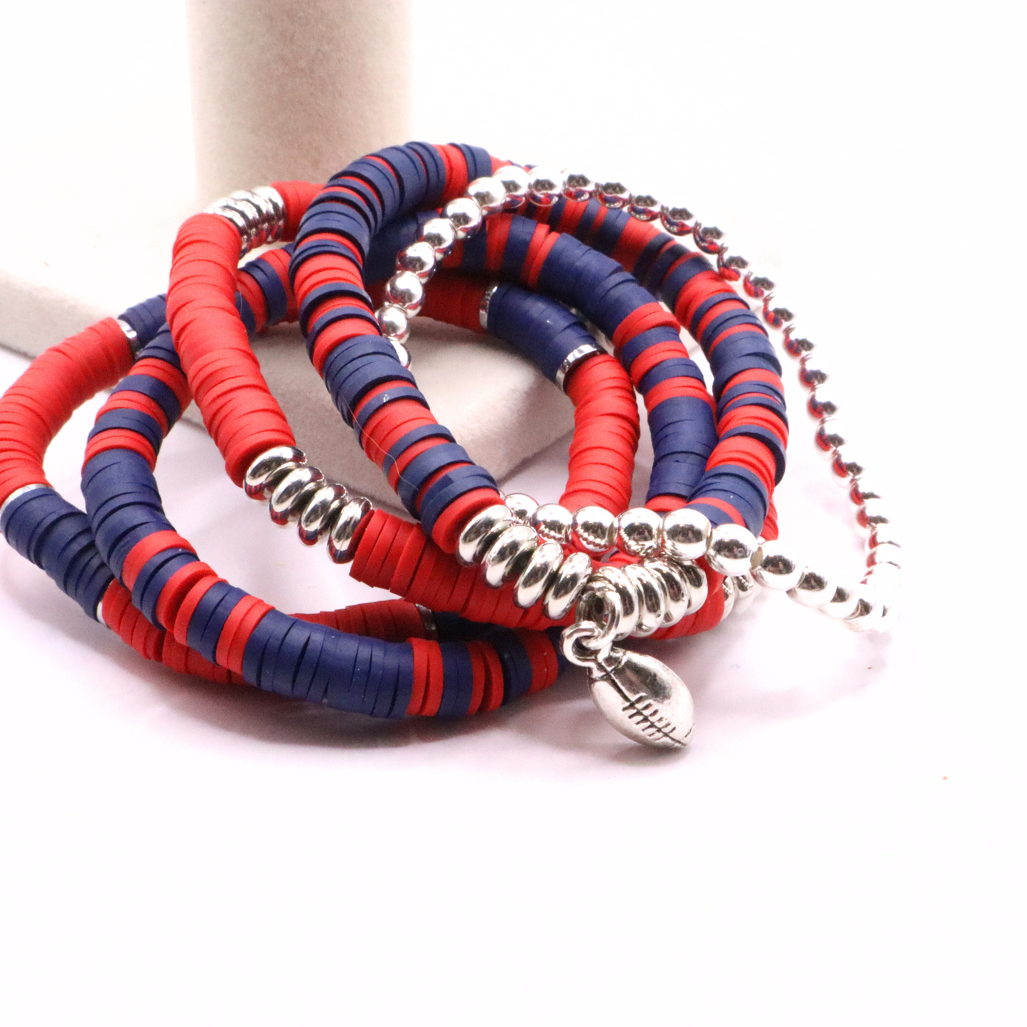 Red & Navy Blue Game Day Clay Bead Bracelet Stack