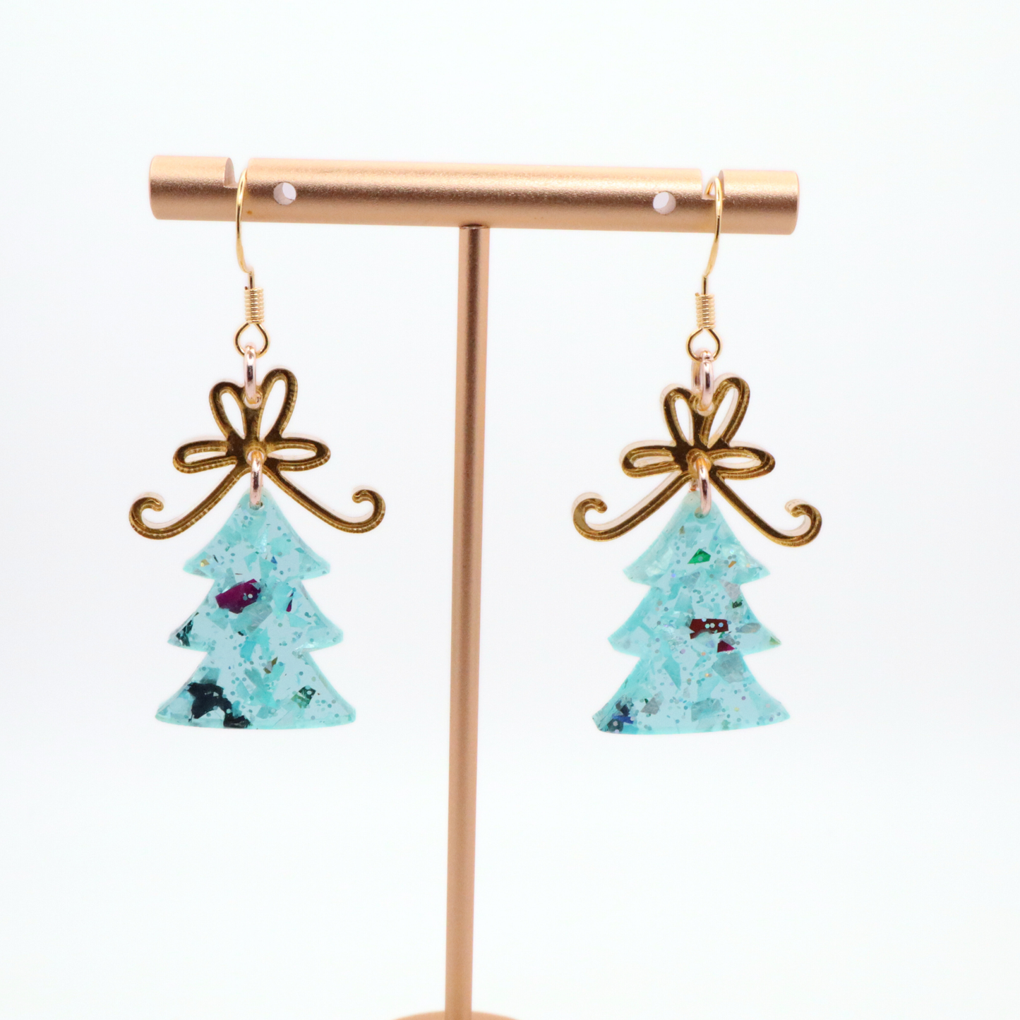 Christmas Tree Dangle Earrings with Glitter and Gold Bow – Handmade Acrylic Holiday Jewelry