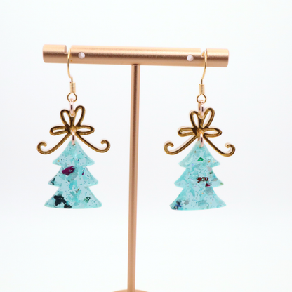 Christmas Tree Dangle Earrings with Glitter and Gold Bow – Handmade Acrylic Holiday Jewelry