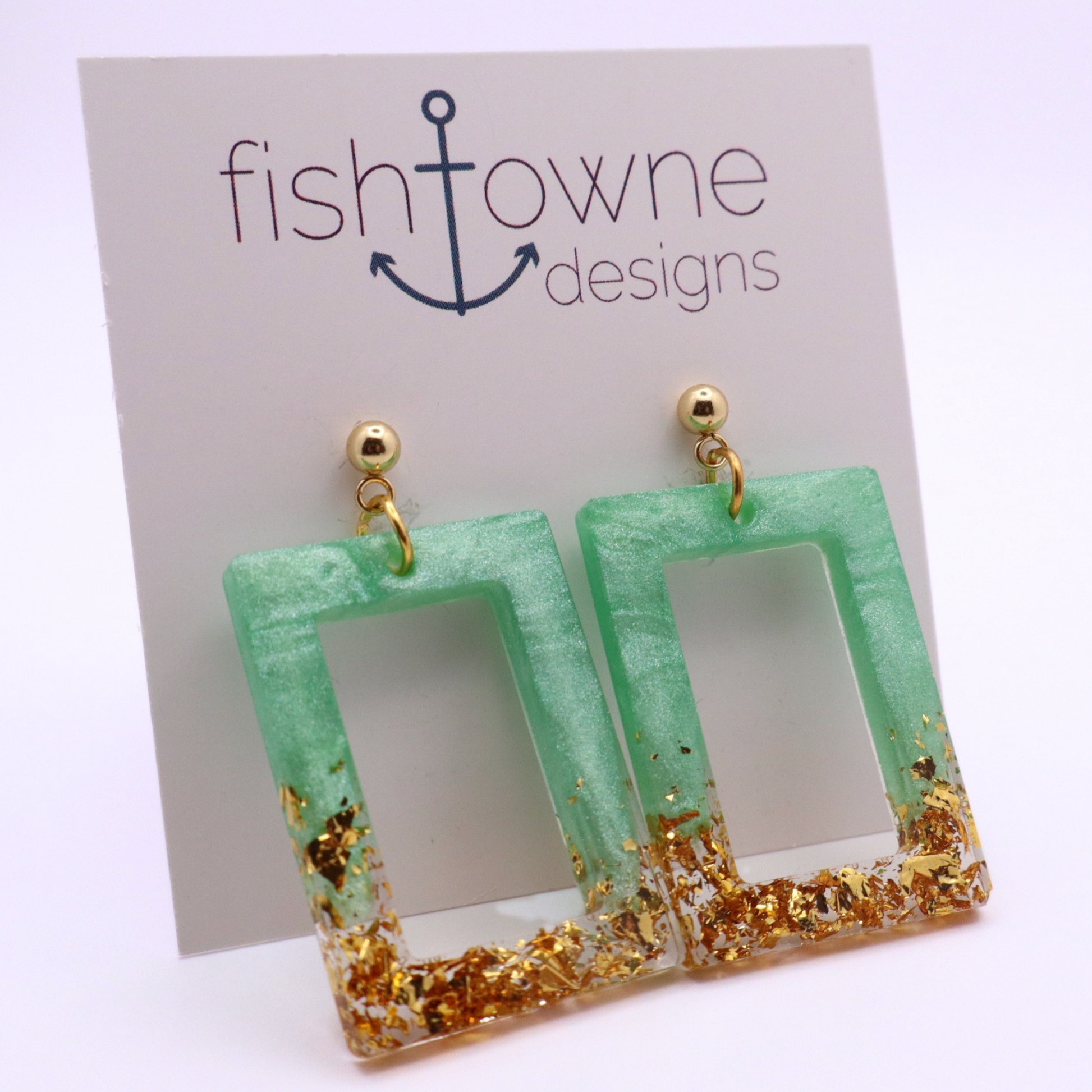 Mint Green and Gold Resin Earrings - Seafoam Sizzle - Fish Towne Designs, LLC