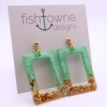 Mint Green and Gold Resin Earrings - Seafoam Sizzle - Fish Towne Designs, LLC