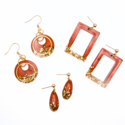 Dark Red and Gold Resin Earrings - Seaside Rust - Fish Towne Designs, LLC
