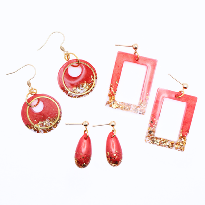 Hibiscus Red and Gold Resin Earrings - Hot Hibiscus