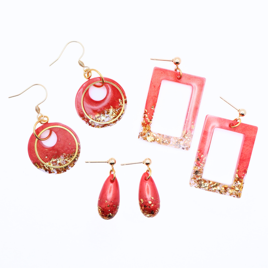 Hibiscus Red and Gold Resin Earrings - Hot Hibiscus