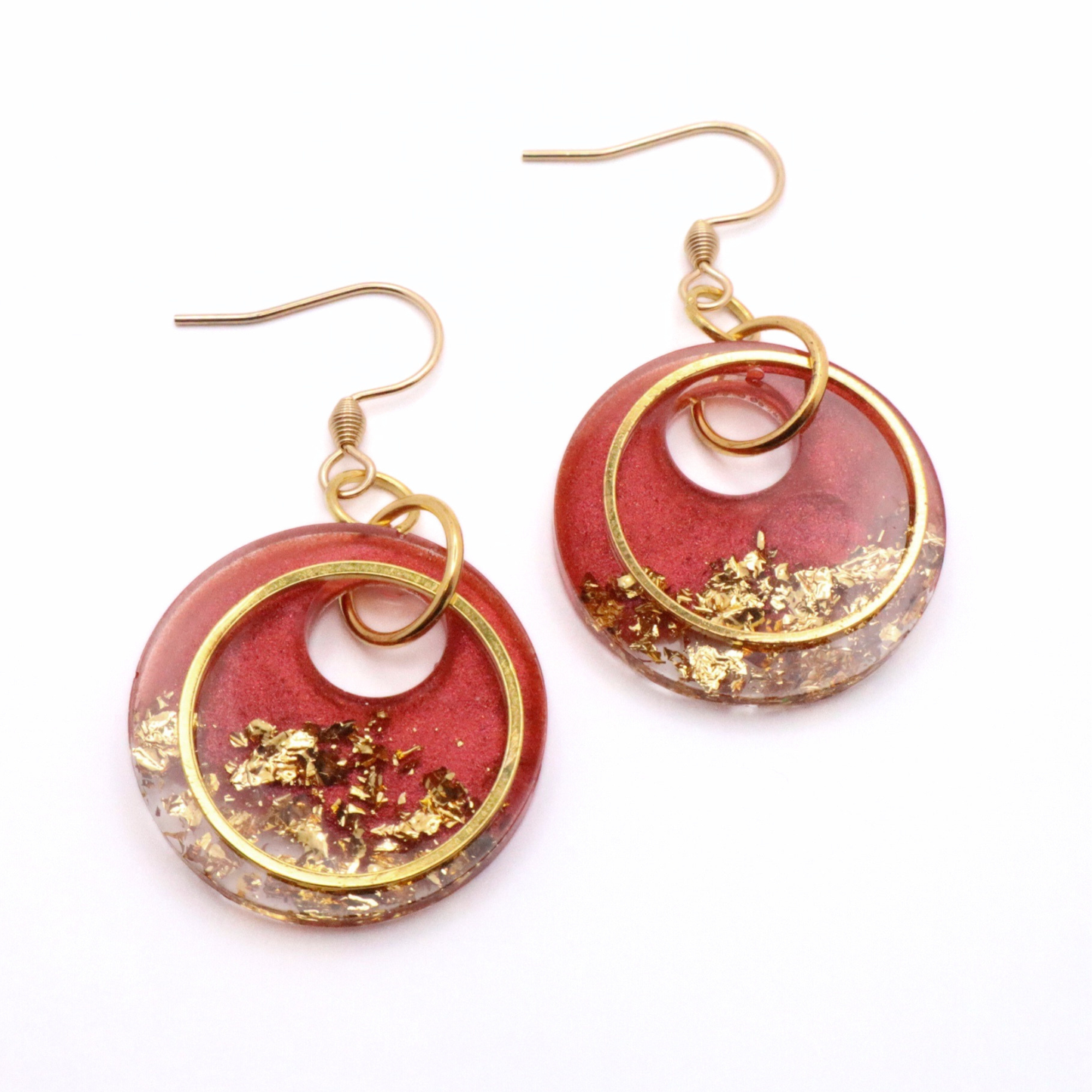 Dark Red and Gold Resin Earrings - Seaside Rust - Fish Towne Designs, LLC