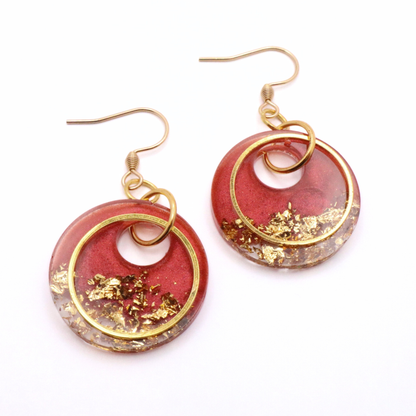 Dark Red and Gold Resin Earrings - Seaside Rust - Fish Towne Designs, LLC