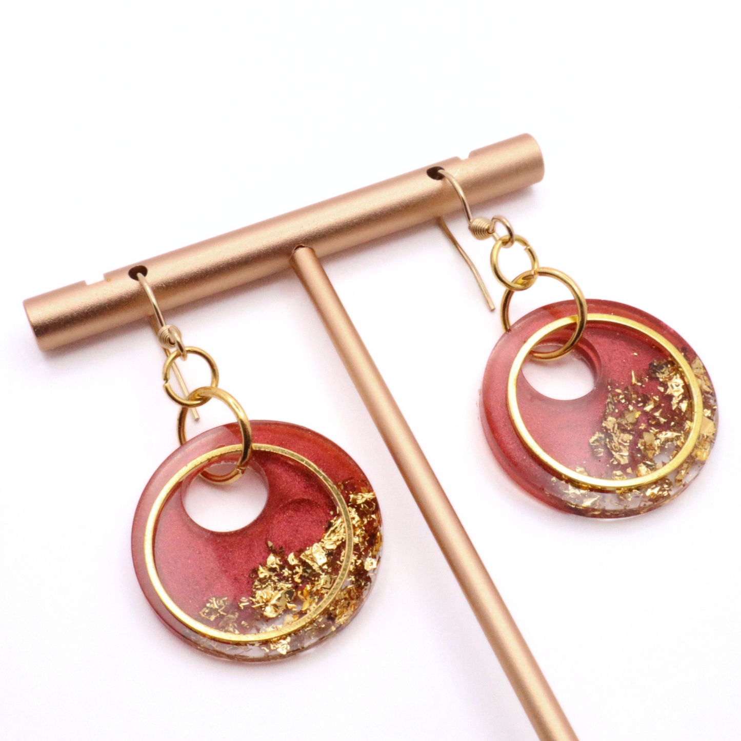 Dark Red and Gold Resin Earrings - Seaside Rust - Fish Towne Designs, LLC