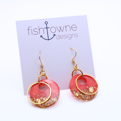 Hibiscus Red and Gold Resin Earrings - Hot Hibiscus
