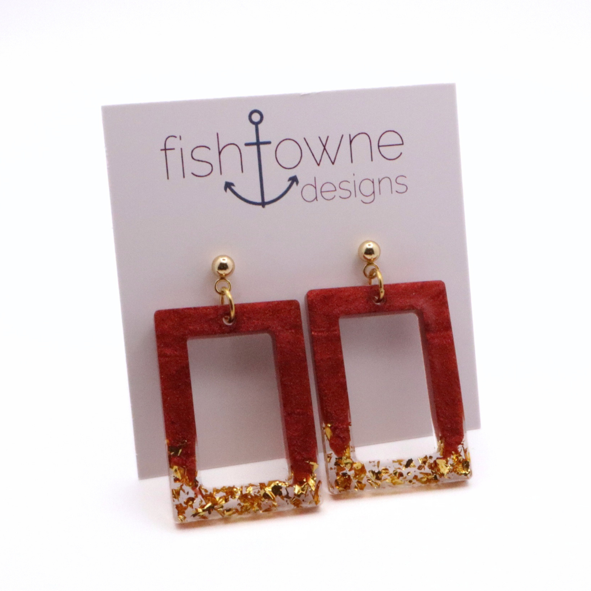 Dark Red and Gold Resin Earrings - Seaside Rust - Fish Towne Designs, LLC