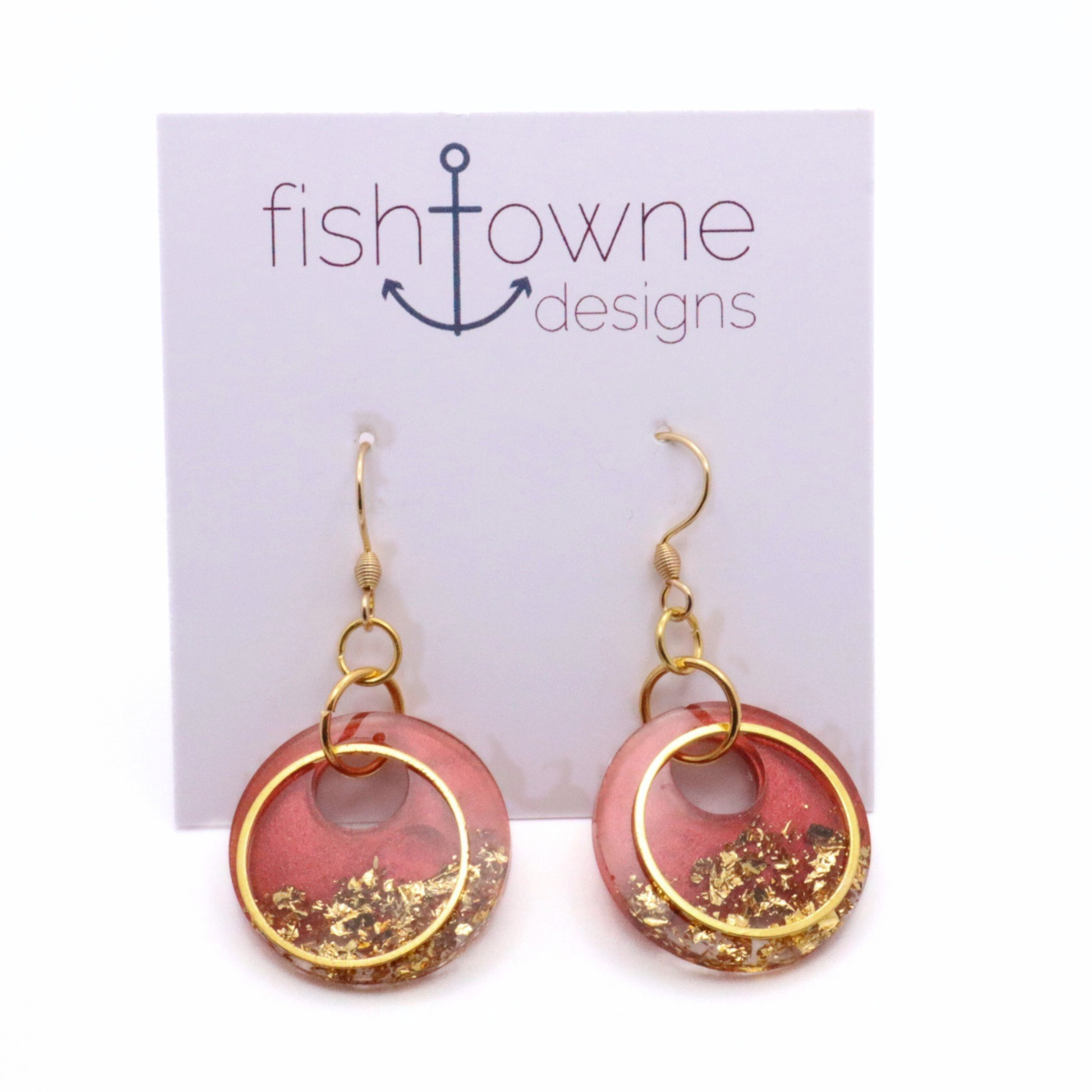 Dark Red and Gold Resin Earrings - Seaside Rust - Fish Towne Designs, LLC
