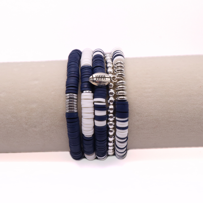 Navy Blue & White Game Day Clay Bead Bracelet Stack