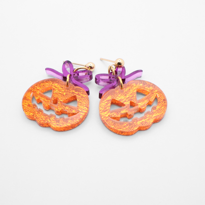 Pumpkin Earrings with Purple Mirrored Bow – Halloween Acrylic Dangle